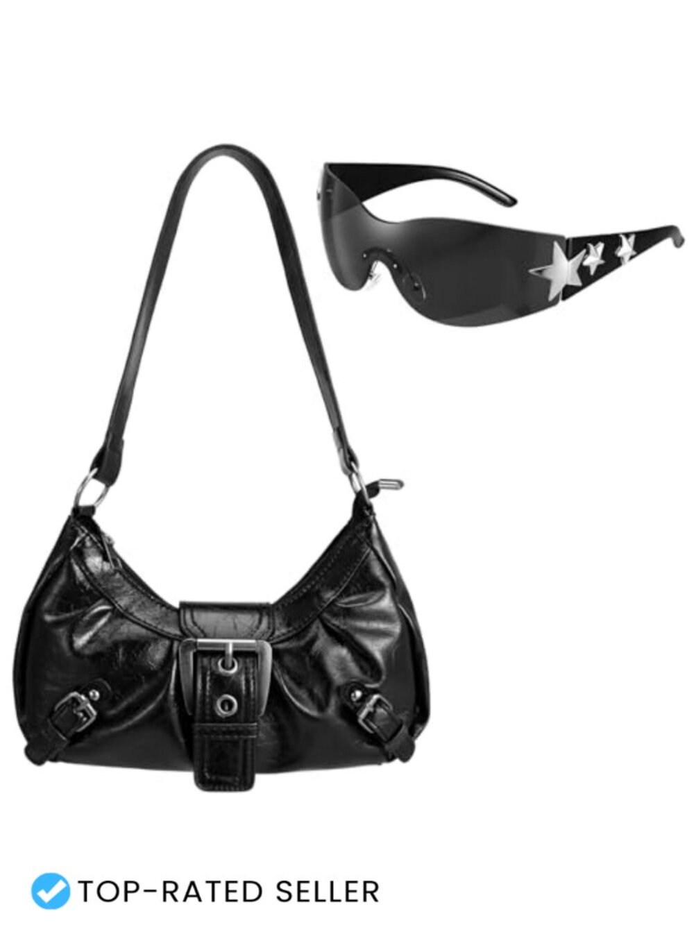 Y2K Hobo Shoulder Bag Faux Leather Buckle Purse with Sunglasses